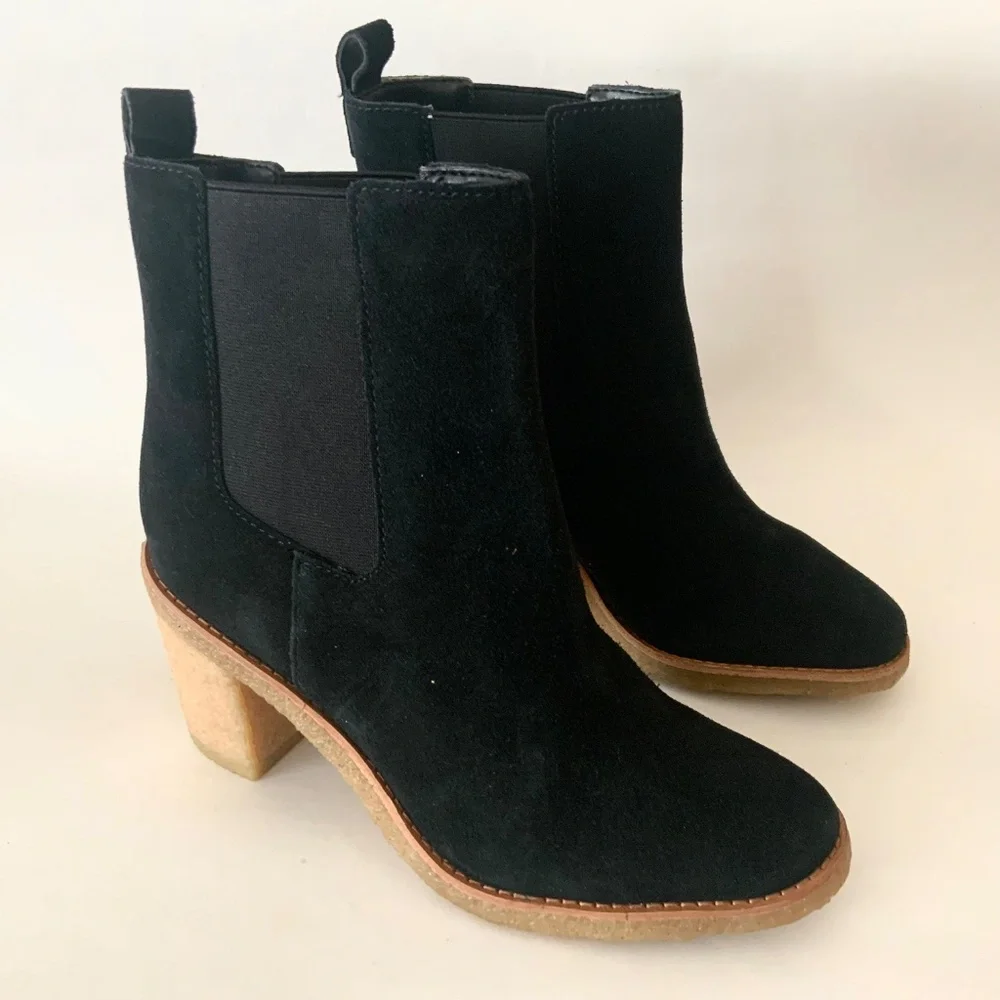 Ralph Lauren Marianna Black Suede Pull-On Chelsea Booties Block Heel Ankle Boots